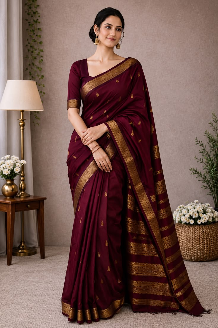 Maroon Cotton Saree